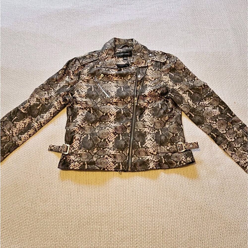 Colleen Lopez Faux Leather Moto Jacket Womens M Snakeskin Print Belted Biker Zip